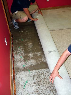 Hulmeville water damaged carpet being removed by two men.